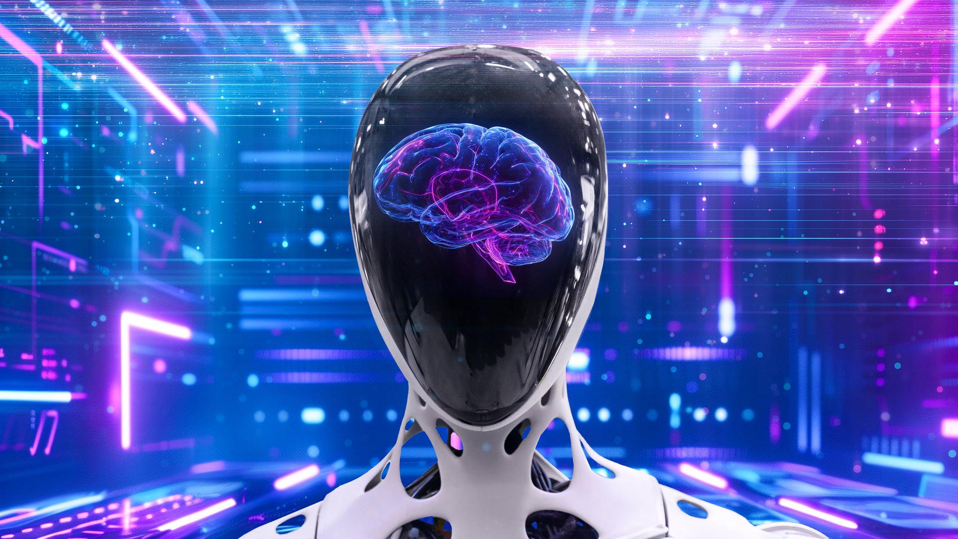 Ein futuristischer Roboter mit visualisiertem Gehirn symbolisiert die Verschmelzung von menschlicher Intelligenz und künstlicher Technologie Ein futuristischer Roboter mit visualisiertem Gehirn symbolisiert die Verschmelzung von menschlicher Intelligenz und künstlicher Technologie