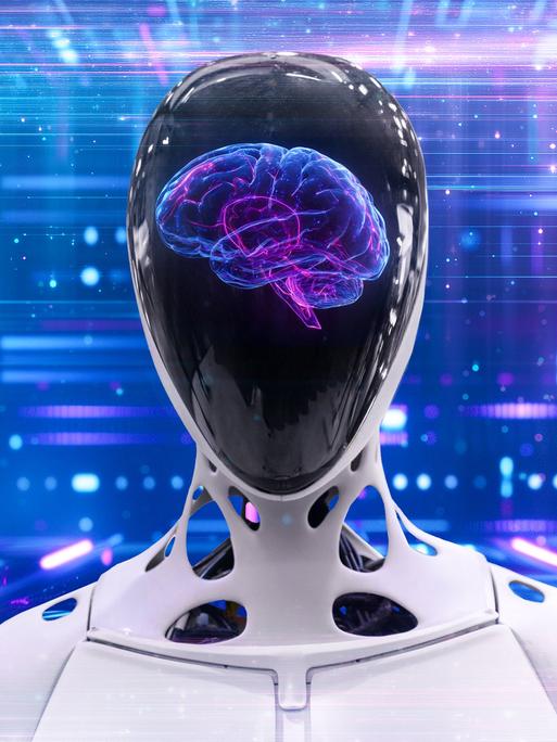 Ein futuristischer Roboter mit visualisiertem Gehirn symbolisiert die Verschmelzung von menschlicher Intelligenz und künstlicher Technologie