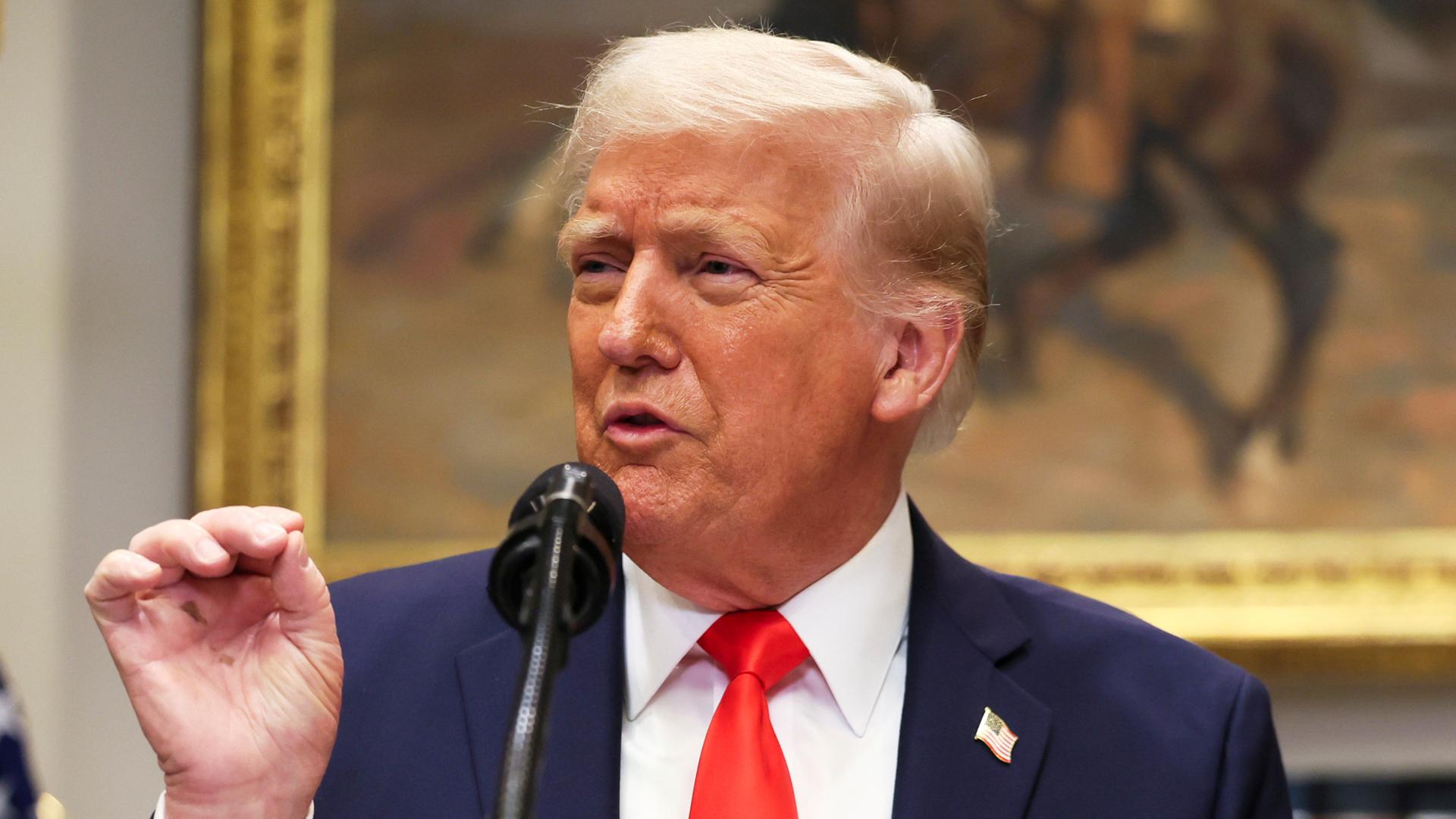 Präsident Donald Trump spricht in ein Mikrofon und gestikuliert mit der rechten Hand. Präsident Donald Trump spricht in ein Mikrofon und gestikuliert mit der rechten Hand.