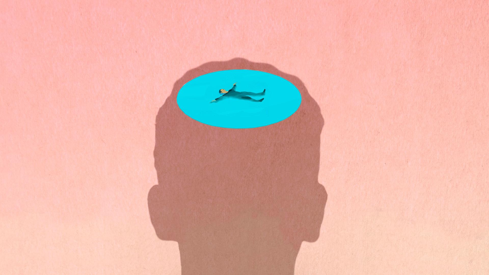 Illustration: Ein Mann schwimmt rücklings in einem Pool, der sich in der in der umrisshaften Darstellung eines Menschen dort befindet, wo sich normalerweise das Gehirn befindet.