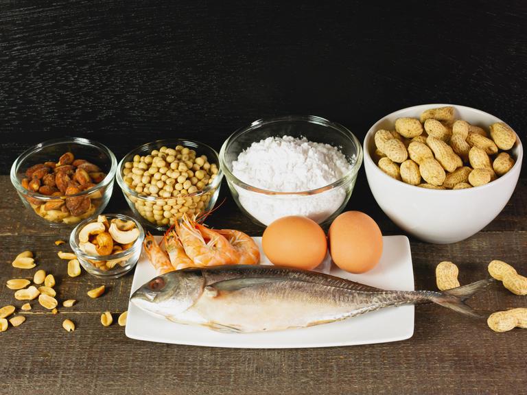 Zu den Hauptallergenen zählen: Fisch, Erdnüsse, Mandeln, Milch, Weizenmehl, Soja, Eier, Cashewkerne und Meeresfrüchte. Hier auf einem rustikalen Tisch.