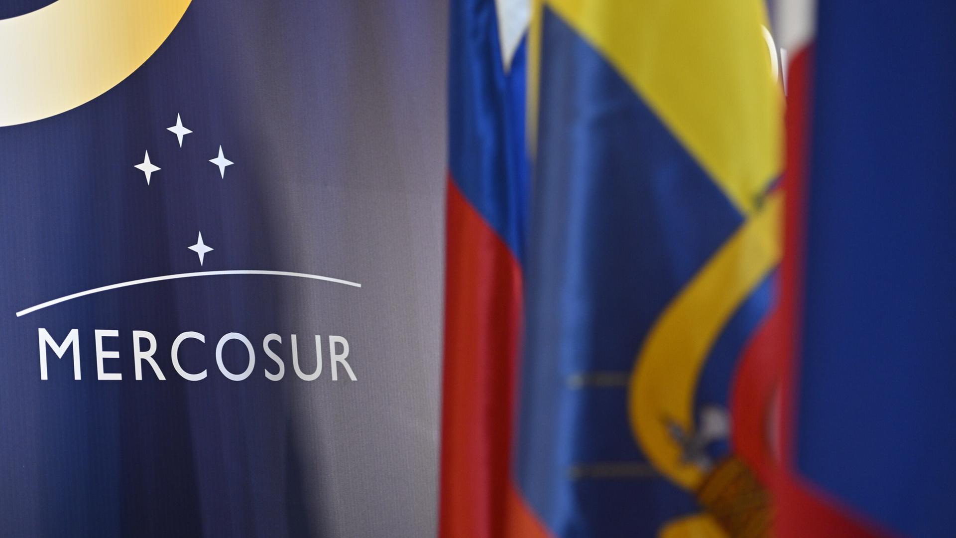 Das Logo des Mercosur ist an einer Wand hinter Flaggen der Mercosur-Mietglieder am Rande des Gipfels des Wirtschaftsbündnisses zu sehen