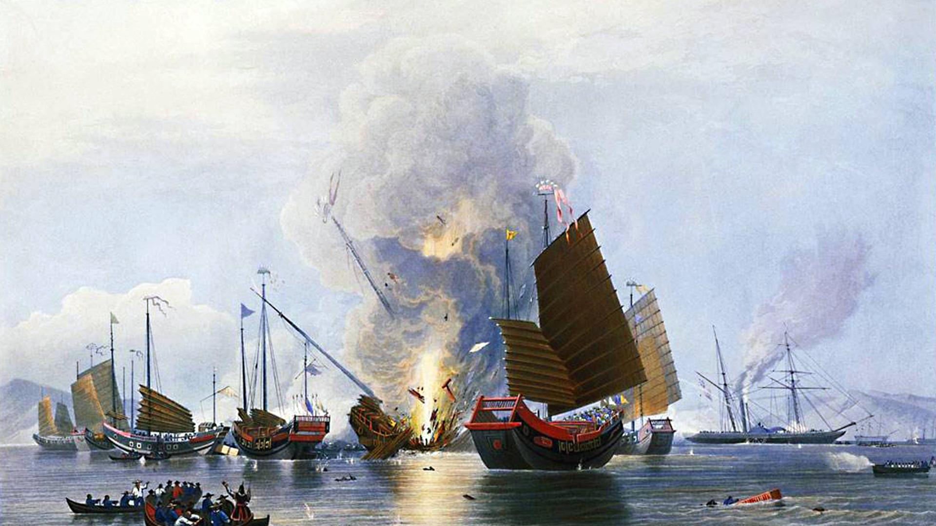 Die Schlacht von Chuenpi im Jahr 1839 zwischen britischen und chinesischen Streitkräften während des Ersten Opiumkriegs. Die Schlacht von Chuenpi im Jahr 1839 zwischen britischen und chinesischen Streitkräften während des Ersten Opiumkriegs.