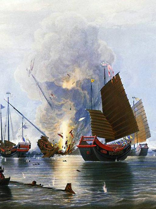 Die Schlacht von Chuenpi im Jahr 1839 zwischen britischen und chinesischen Streitkräften während des Ersten Opiumkriegs.
