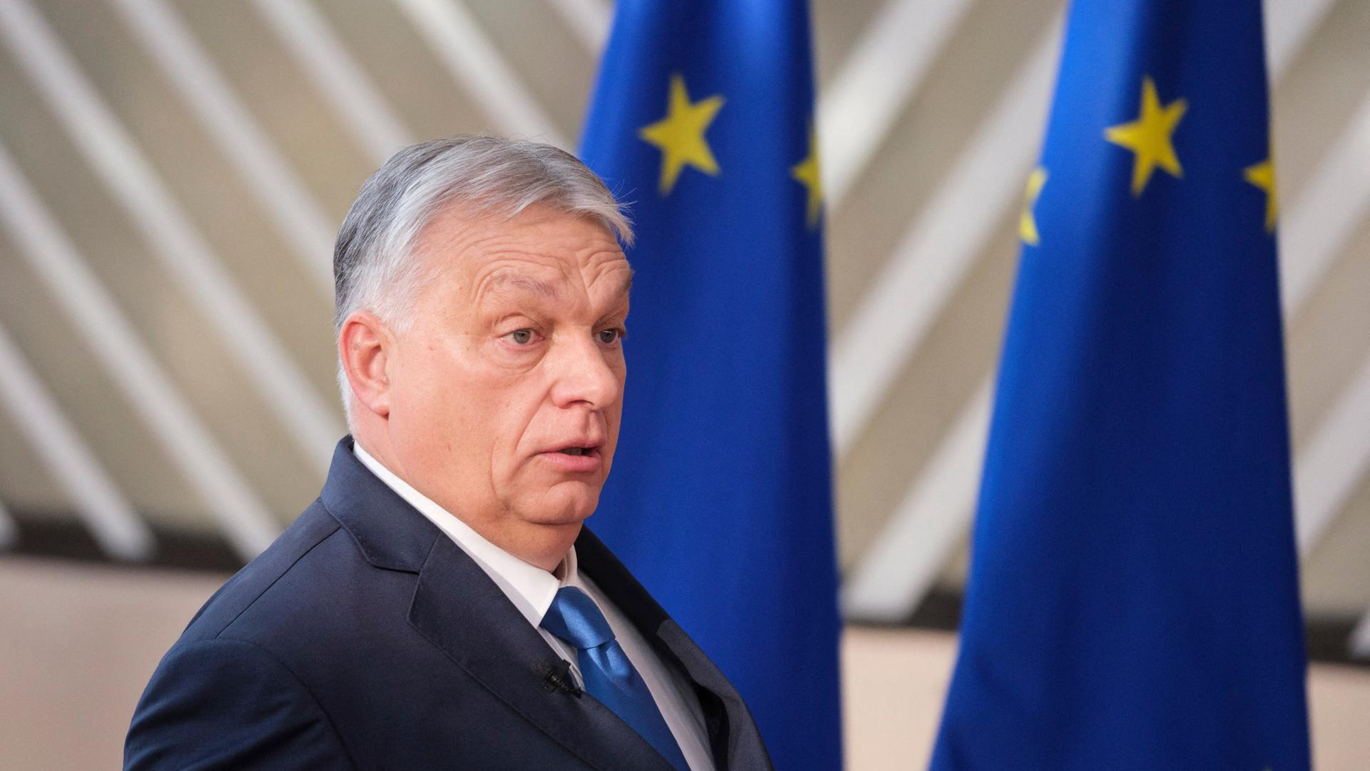 Ungarns Ministerpräsident Orbán vor EU-Flaggen