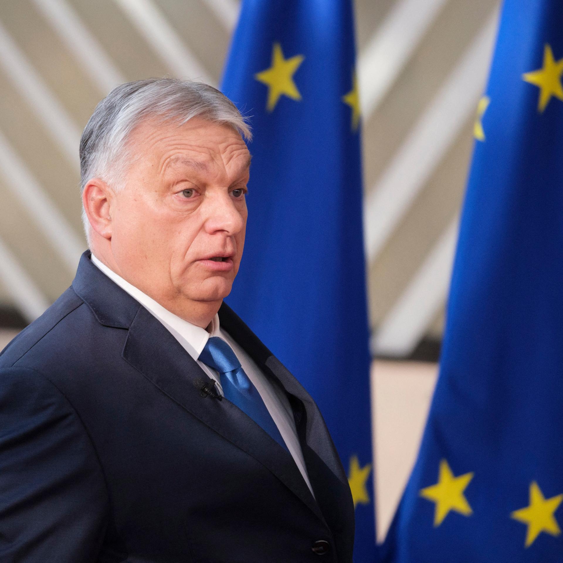 Ungarns Ministerpräsident Orbán vor EU-Flaggen