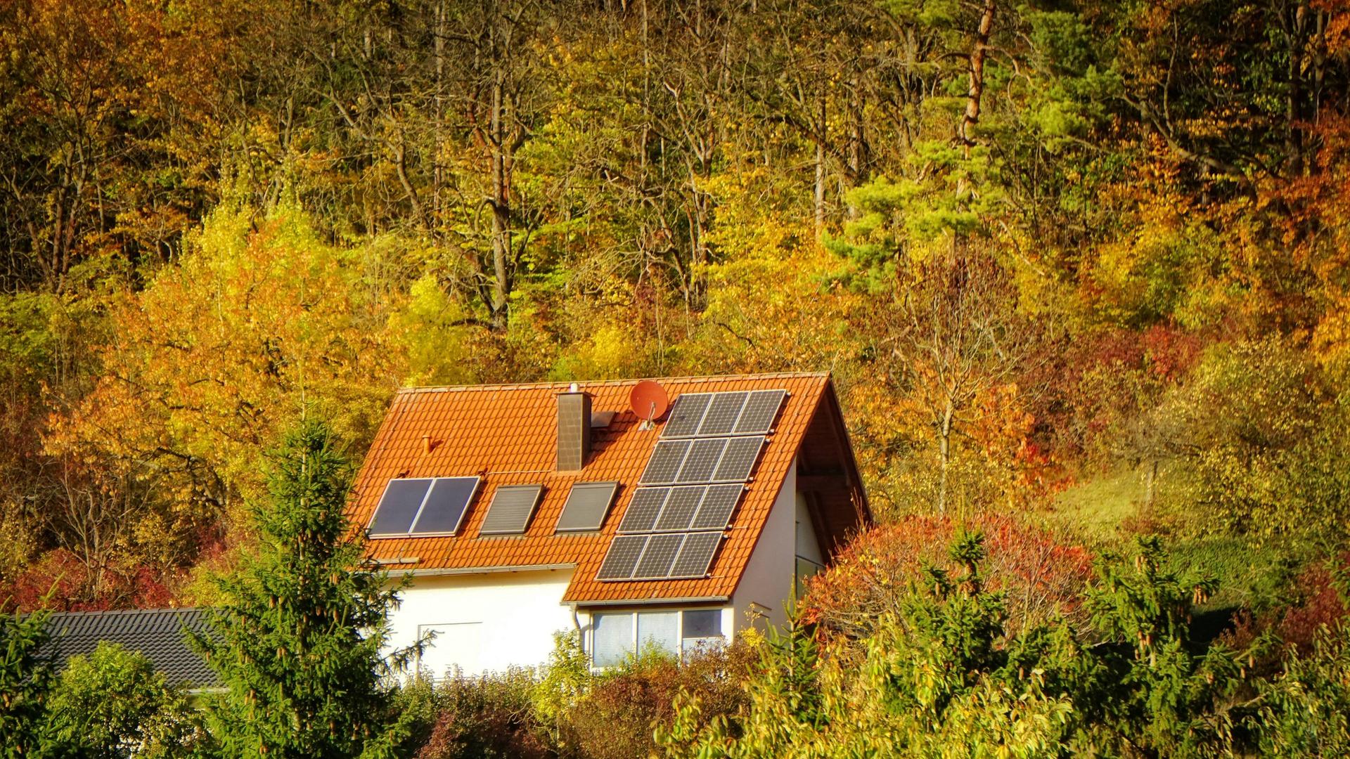 Inmitten eines herbstlich aussehenden Waldes steht ein Einfamilienhaus. Auf dem Dach befinden sich Solaranlagen. Inmitten eines herbstlich aussehenden Waldes steht ein Einfamilienhaus. Auf dem Dach befinden sich Solaranlagen.