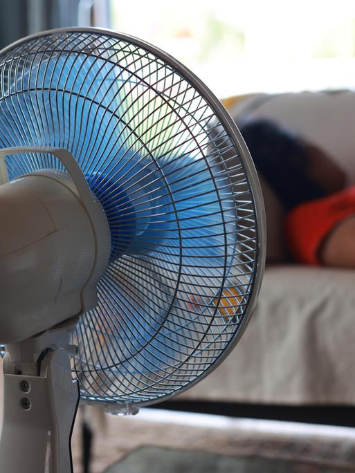 Eine Frau schläft, im Vordergrund ein Ventilator