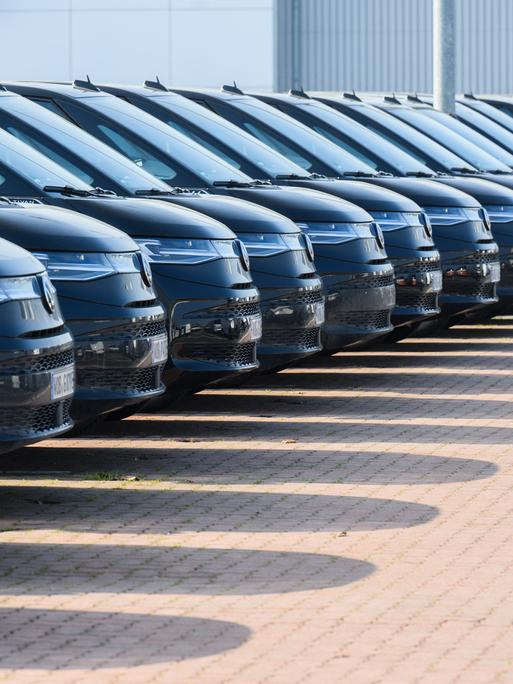 Viele schwarze Autos des gleichen VW-Modells stehen in einer Reihe