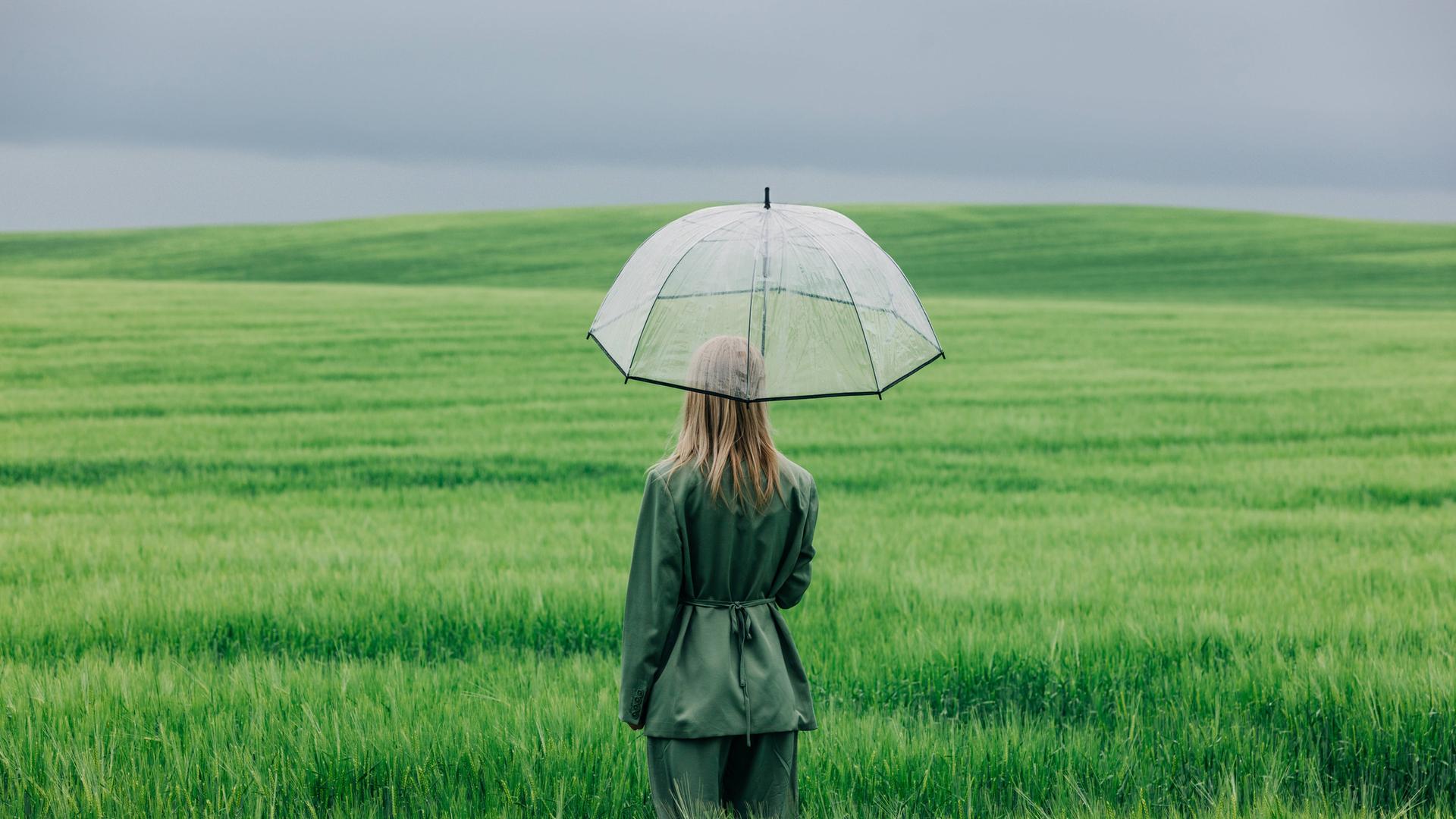Modellfoto einer Frau, die mit einem durchsichtigen Regenschirm im Regen in einem grünen Weizenfeld steht Modellfoto einer Frau, die mit einem durchsichtigen Regenschirm im Regen in einem grünen Weizenfeld steht