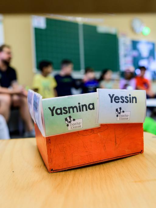 Schüler einer Grundschuleklasse sitzen vor der Tafel. Ebenso der Lehrer. Im Fotovordergrund steht auf einem Tisch eine Box mit zwei Namenskarten mit Yasmina und Yessin.