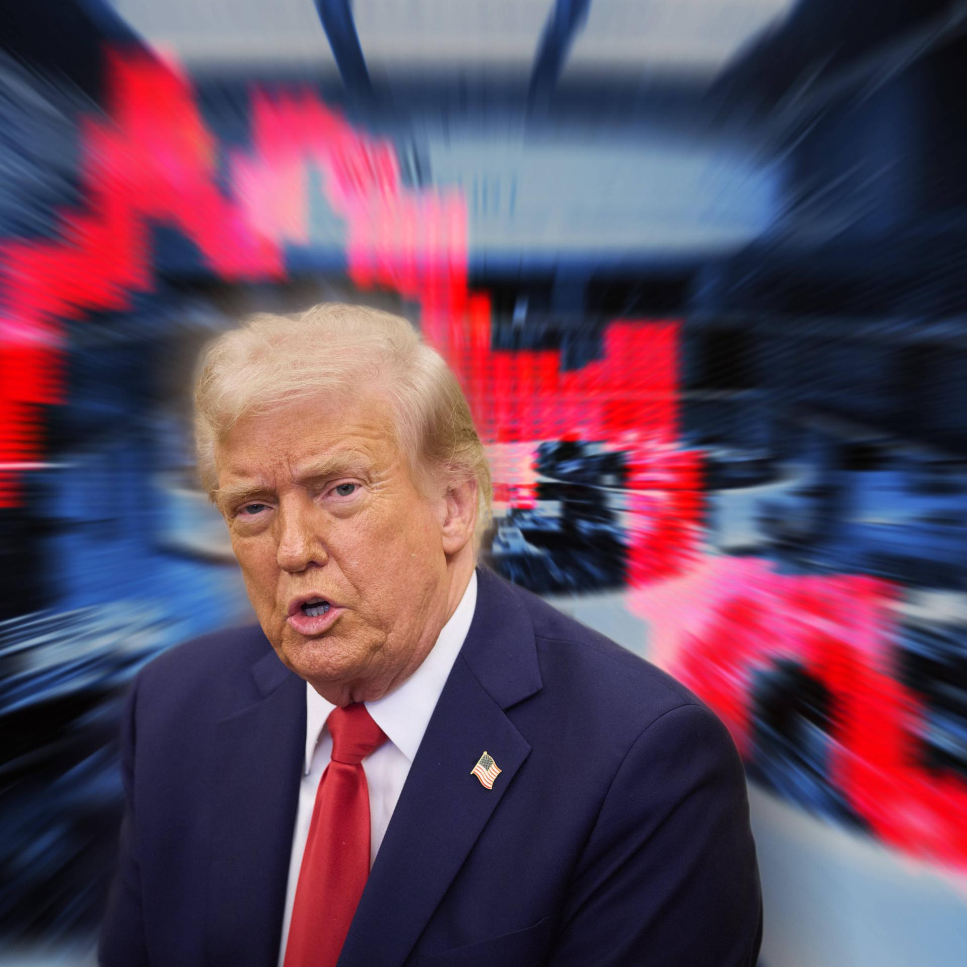 US-Präsident Donald Trump ist vor einer roten Börsenkurve zu sehen, die steil bergab geht.
