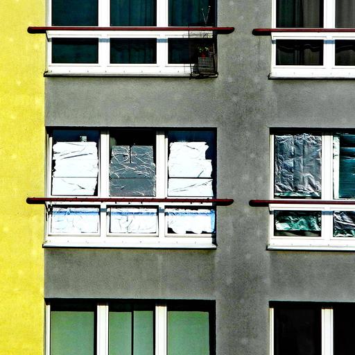 Folienschutz gegen Sonneneinstrahlung bei einem Beton-Plattenbau in Berlin.