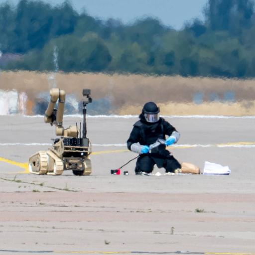 Ein Kriminalbeamter entschärft die Drohne am Flughafen Leipzig/Halle. Neben ihm steht ein Sprengstoffroboter. Der Beamte trägt Schutzkleidung und einen Helm mit Visier.