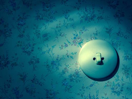Eine alte Tapete mit Lichtschalter. Symbolfoto fuer Erneuerung und renovieren. Eine alte Tapete mit Lichtschalter. Symbolfoto fuer Erneuerung und renovieren.