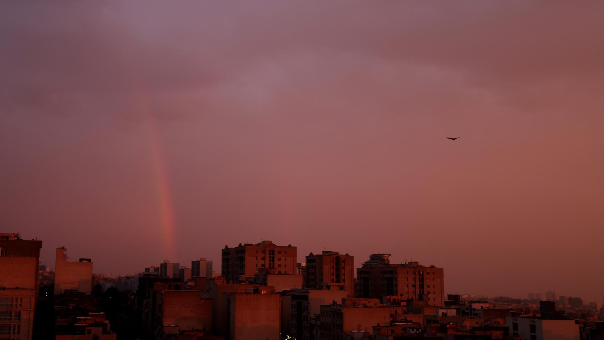 In der iranischen Hauptstadt Teheran geht gerade die Sonne auf. Über den Häusern der Stadt hängt eine dichte, rosafarbene Wolkendecke. Das Bild wurde am 10.12.25 aufgenommen.