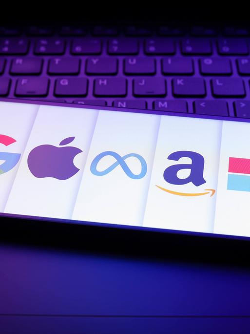 Die Logos von (linksnach rechts) Google, Apple, Meta, Amazon, Microsoft auf einem Smartphone-Display. Das Smartphone liegt auf der Tastatur eines Laptops