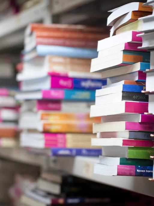 Viele Bücher liegen in einem Regal Viele Bücher liegen in einem Regal