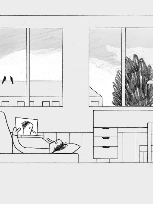 Eine Zeichnung von Paula Kempker: Eine Person liegt in einem Zimmer auf dem Bett und schaut auf den Bildschirm eines Laptops.