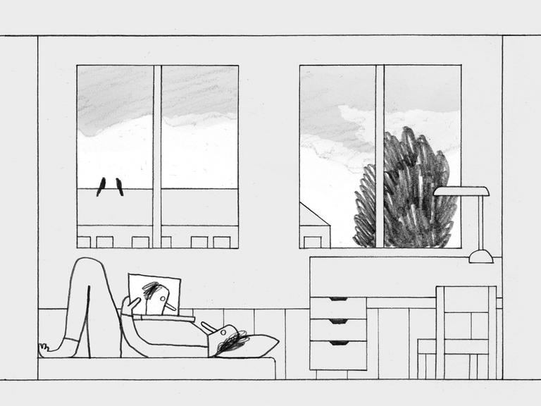 Eine Zeichnung von Paula Kempker: Eine Person liegt in einem Zimmer auf dem Bett und schaut auf den Bildschirm eines Laptops.