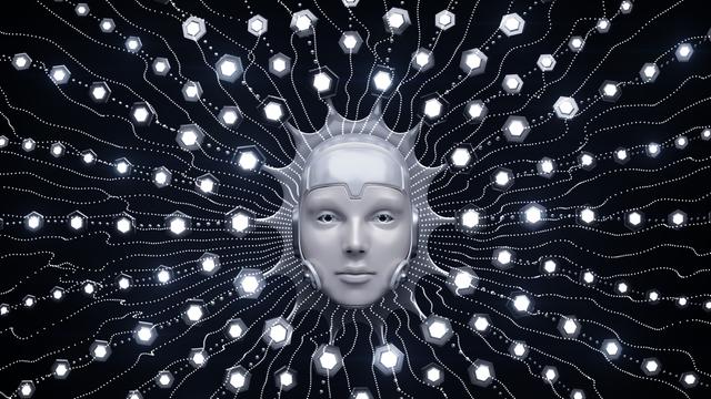 Ein silberfarbener, stiliserter Kopf auf schwarzem Hintergrund, daneben in Strahlen angeordnete Punkte