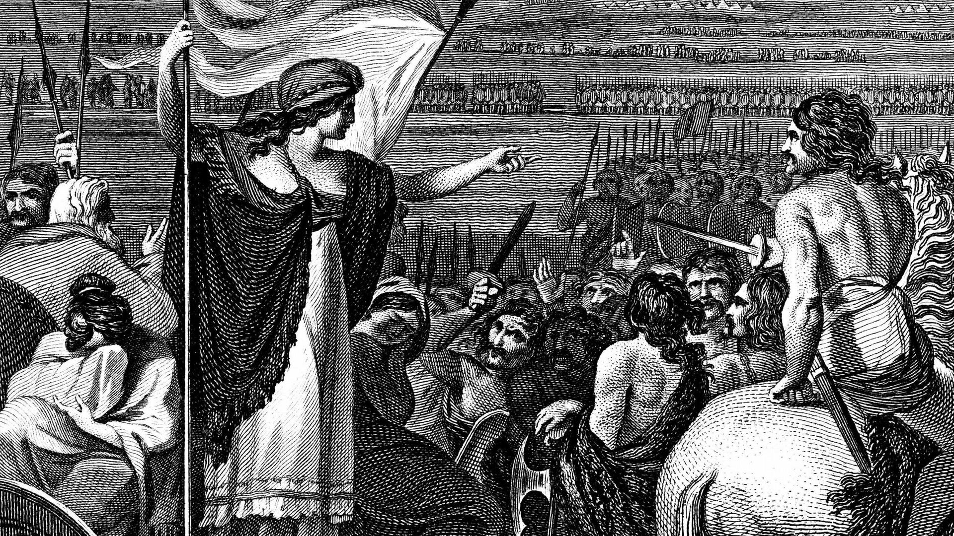 Kupferstich von 1824: Boudicca (Boadicea), britische Königin der Iceni im 1. Jahrhundert, steht in ihrem Streitwagen mit ihren weinenden, entehrten Töchtern, die von den Römern vergewaltigt wurden, und hält eine Ansprache an ihre Truppen.