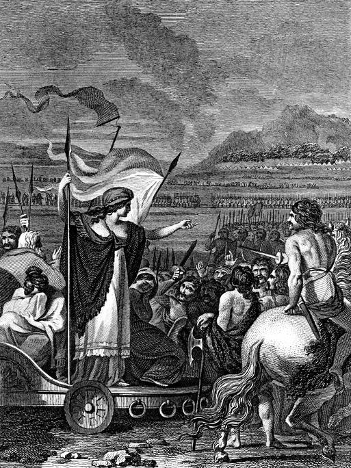 Kupferstich von 1824: Boudicca (Boadicea), britische Königin der Iceni im 1. Jahrhundert, steht in ihrem Streitwagen mit ihren weinenden, entehrten Töchtern, die von den Römern vergewaltigt wurden, und hält eine Ansprache an ihre Truppen.