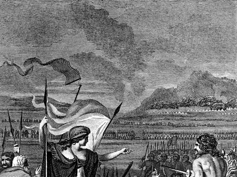 Kupferstich von 1824: Boudicca (Boadicea), britische Königin der Iceni im 1. Jahrhundert, steht in ihrem Streitwagen mit ihren weinenden, entehrten Töchtern, die von den Römern vergewaltigt wurden, und hält eine Ansprache an ihre Truppen.