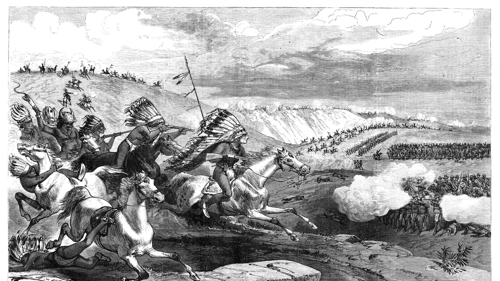 GROSSER SIOUX-KRIEG, 1876. Sioux-Krieger greifen die Kavallerie von Oberst William Royall in der Schlacht am Rosebud Creek während des Großen Sioux-Krieges am 17. Juni 1876 an. Zeitgenössischer Kupferstich nach einer Skizze von Charles St. George Stanley. GROSSER SIOUX-KRIEG, 1876. Sioux-Krieger greifen die Kavallerie von Oberst William Royall in der Schlacht am Rosebud Creek während des Großen Sioux-Krieges am 17. Juni 1876 an. Zeitgenössischer Kupferstich nach einer Skizze von Charles St. George Stanley.