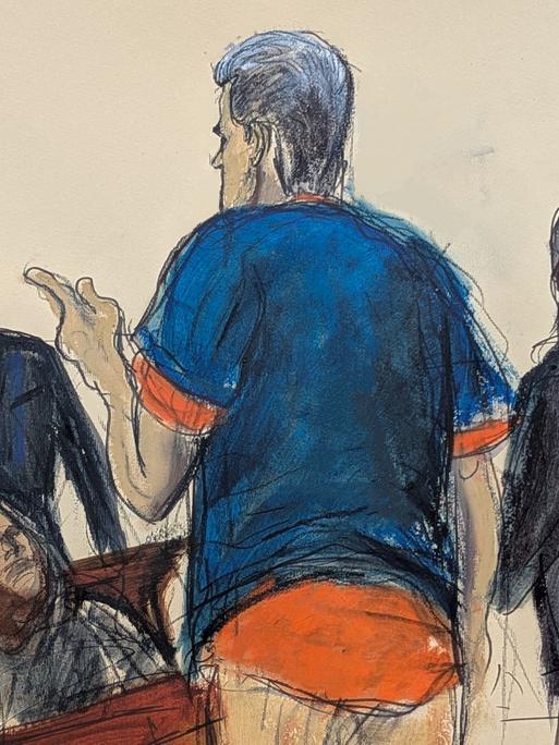 Gerichtszeichnung des venezolanischen Präsidenten Nicolás Maduro (Mitte), wie er auf einen Zuschauer nach seiner Anklageverlesung am Montag, dem 5. Januar 2026, vor dem Bundesgericht in Manhattan, New York, reagiert