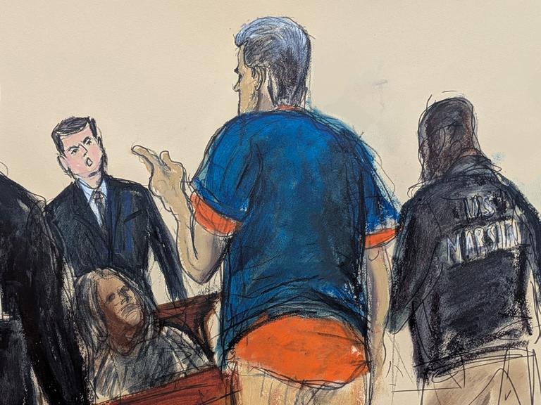 Gerichtszeichnung des venezolanischen Präsidenten Nicolás Maduro (Mitte), wie er auf einen Zuschauer nach seiner Anklageverlesung am Montag, dem 5. Januar 2026, vor dem Bundesgericht in Manhattan, New York, reagiert