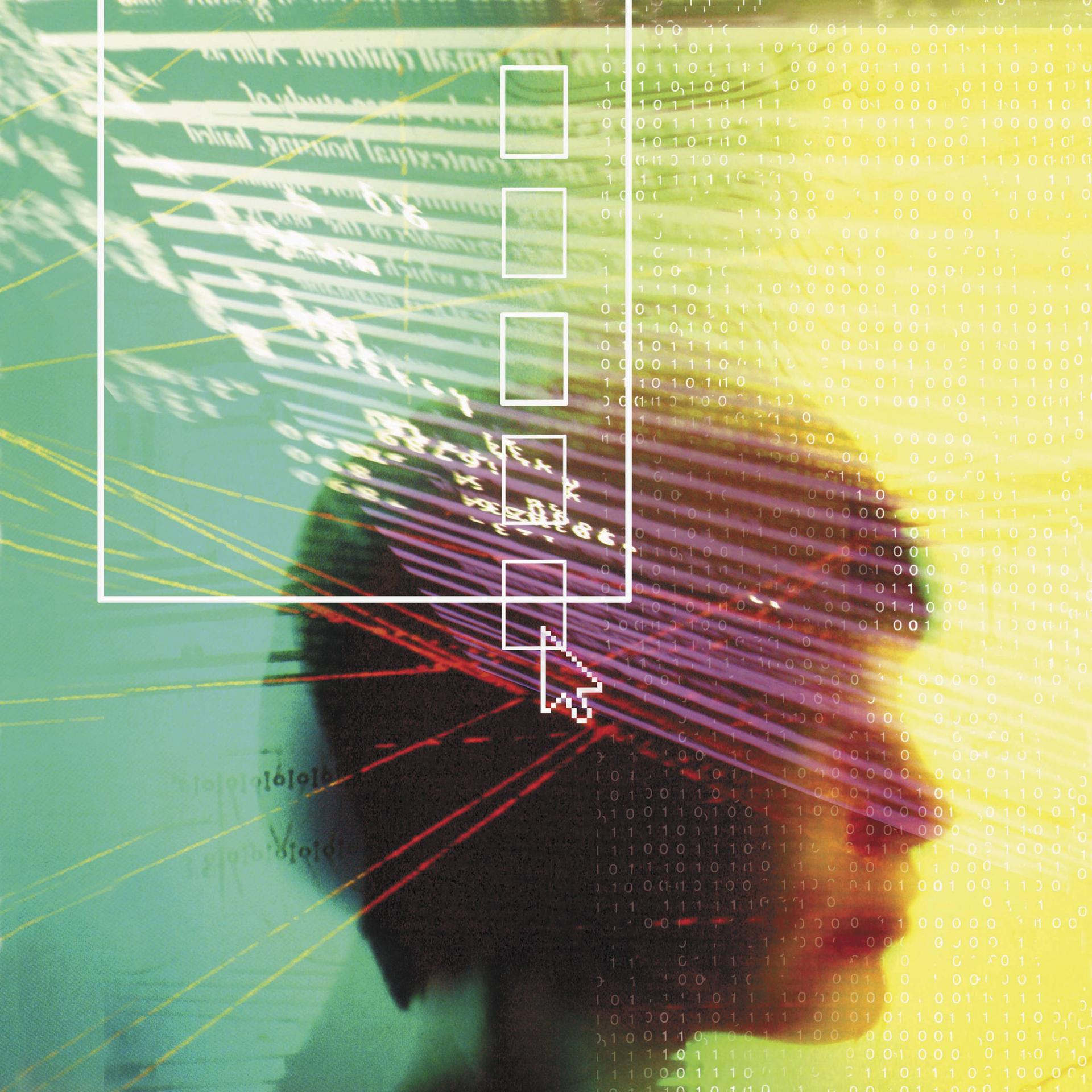 Symbolbild-Collage: Kopf einer Frau überlagert von digitalen Daten