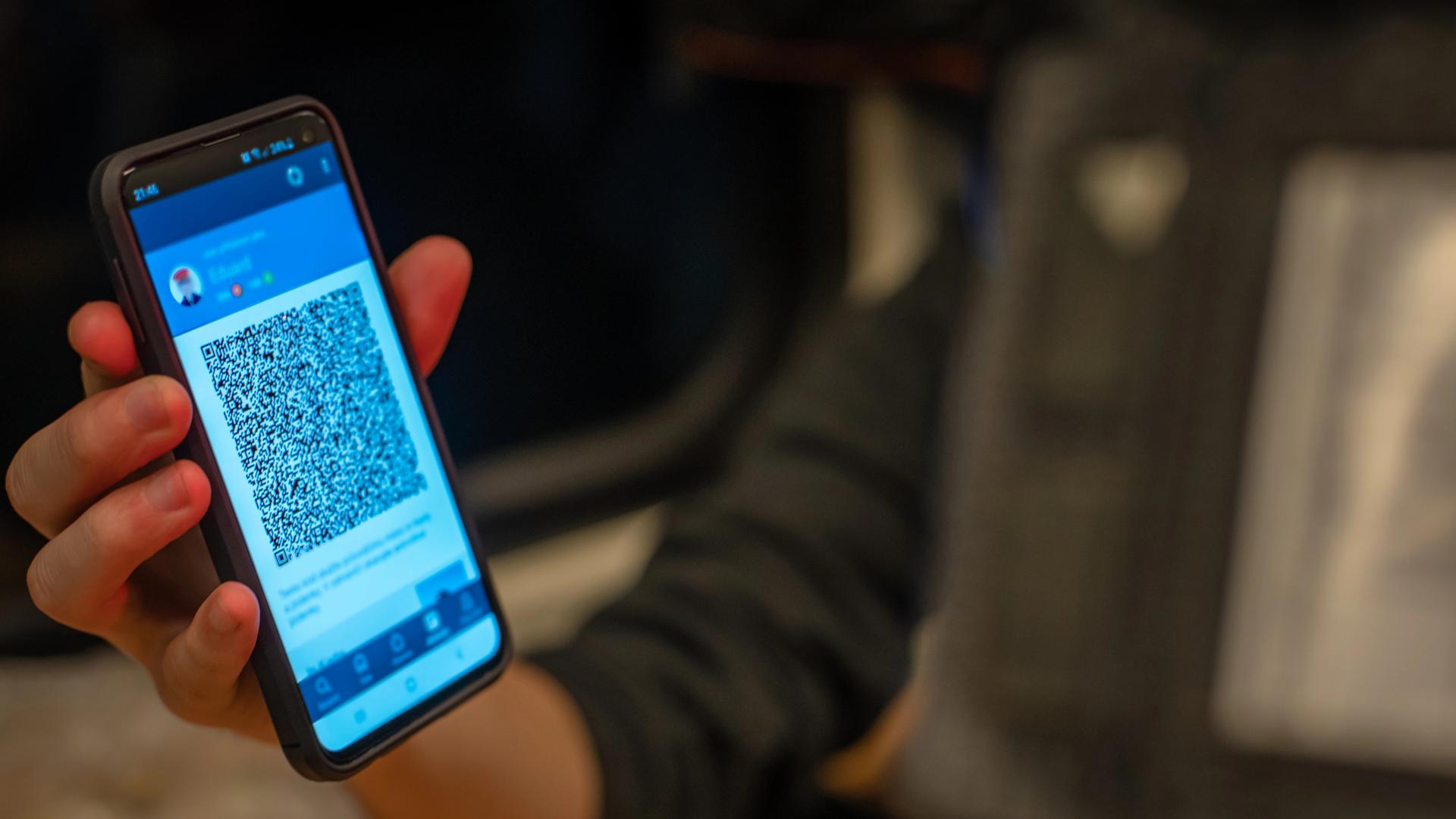 Ein Zug-Passagier zeigt Kontrolleur sein digitales Ticket auf dem Smartphone. Ein Zug-Passagier zeigt Kontrolleur sein digitales Ticket auf dem Smartphone.