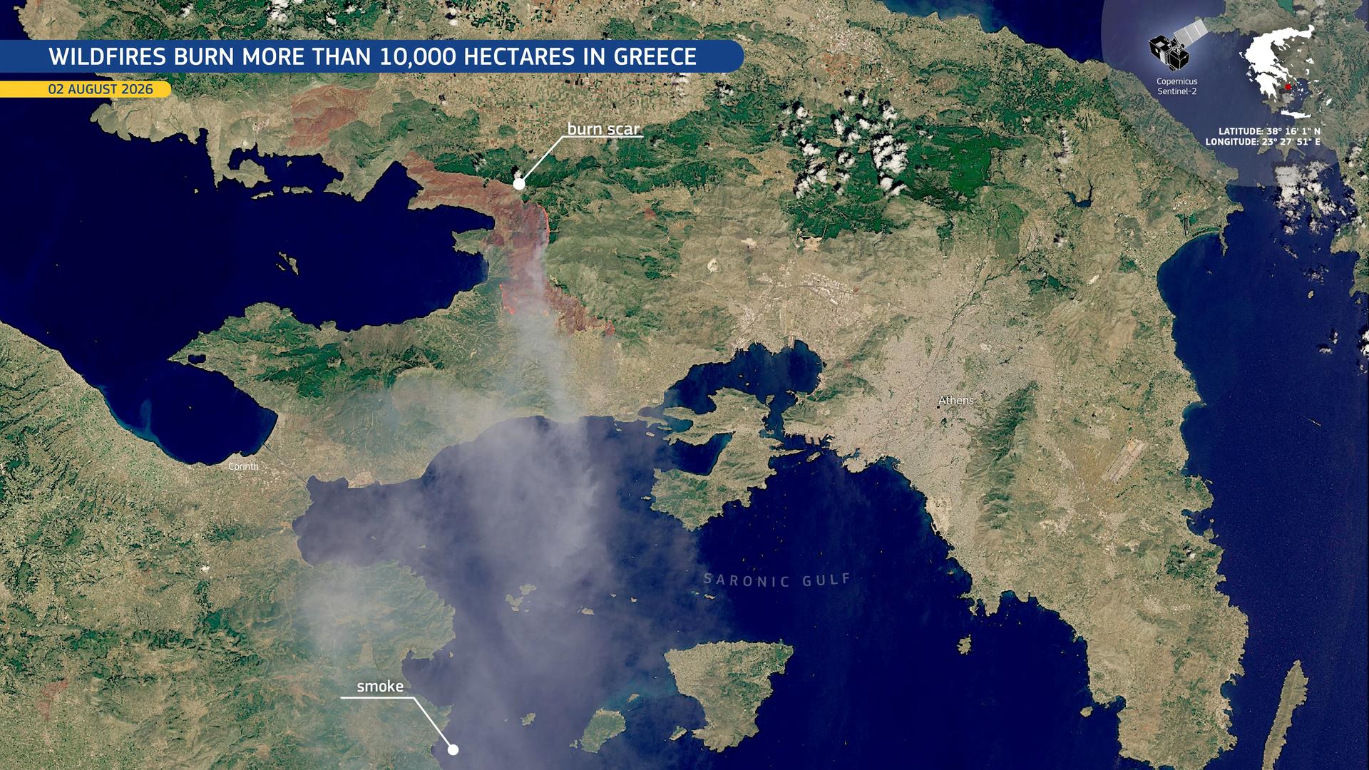 Die Waldbrände nähe Athens in einer Satellitenaufnahme: Es sind Umrisse Griechenlands mit Ausschnitten des Mittelmeers, eine braune Fläche und Rauchschwaden zu erkennen. Die Waldbrände nähe Athens in einer Satellitenaufnahme: Es sind Umrisse Griechenlands mit Ausschnitten des Mittelmeers, eine braune Fläche und Rauchschwaden zu erkennen.