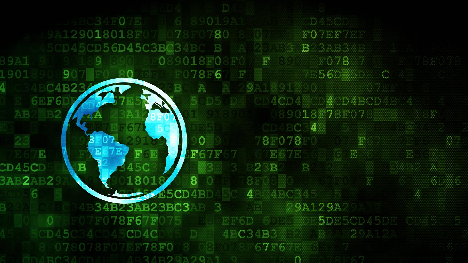 Eine verpixelte, digitale Weltkugel auf einem abstrakten Tech-Hintergrund mit freier Fläche. Eine verpixelte, digitale Weltkugel auf einem abstrakten Tech-Hintergrund mit freier Fläche.