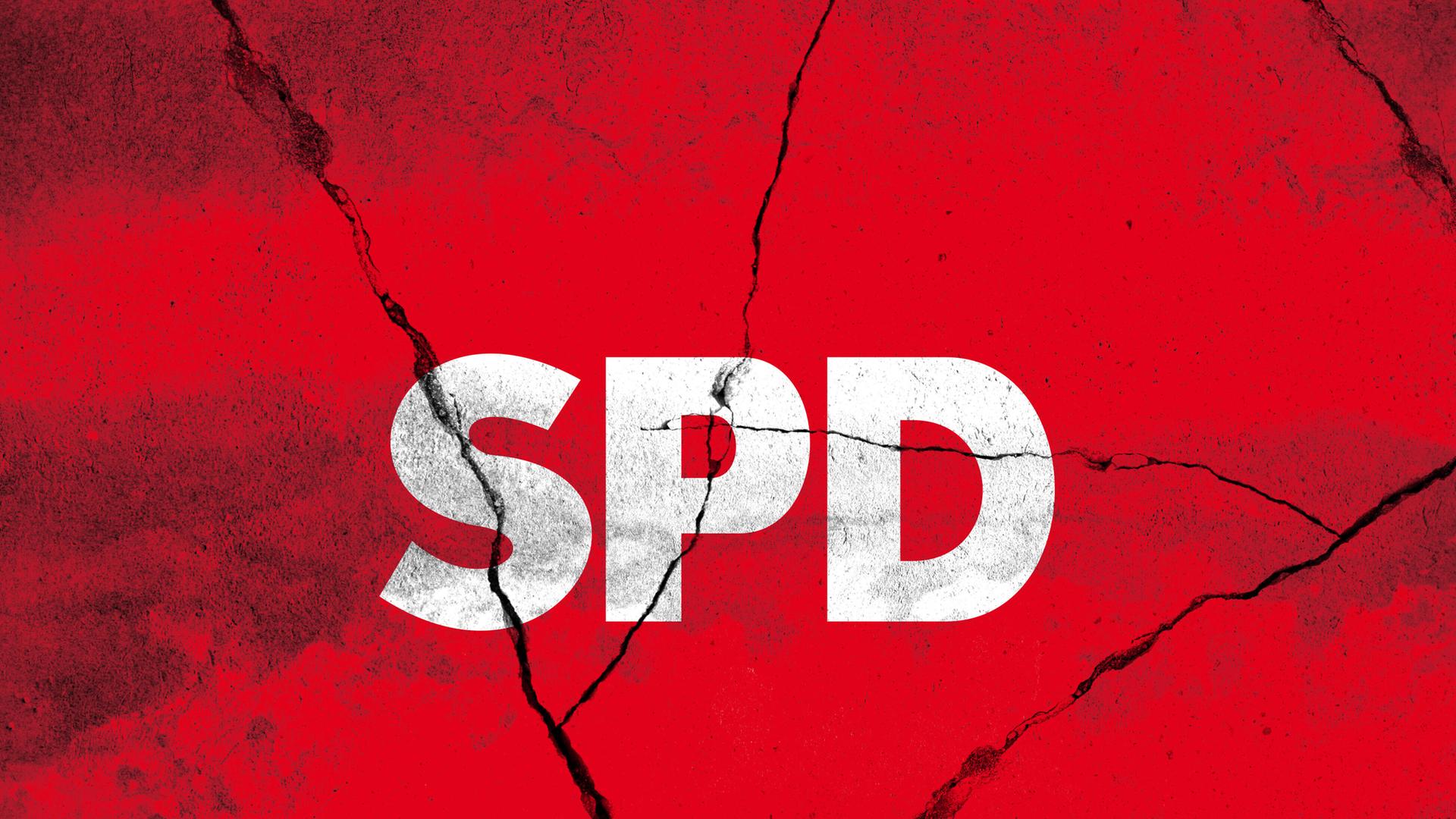 SPD steht in weißen Großbuchstaben auf einem roten Hntergrund, der Sprünge aufweist