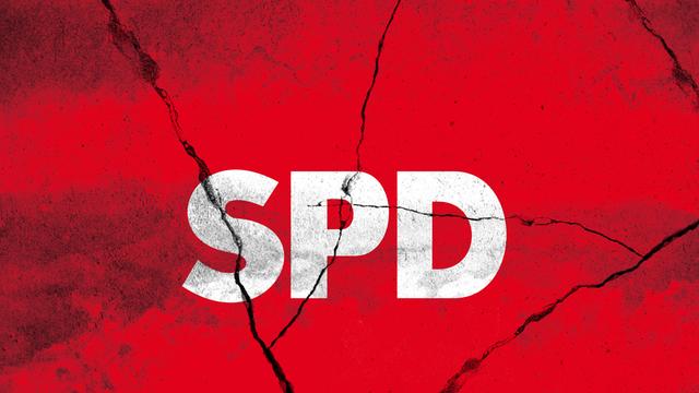 SPD steht in weißen Großbuchstaben auf einem roten Hntergrund, der Sprünge aufweist