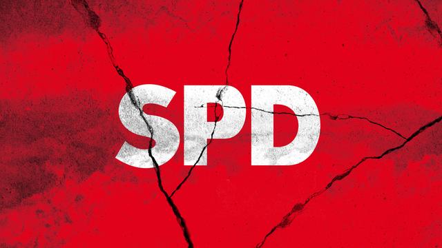 SPD steht in weißen Großbuchstaben auf einem roten Hntergrund, der Sprünge aufweist