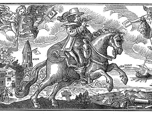 Illustration eines friedensbringenden Postreiters, Dreissigjaehriger Krieg 1618-1648, der Postreiter trompetet die Freude ueber den Westfaelischen Frieden, vom 24. Oktober 1648, in die Welt Illustration eines friedensbringenden Postreiters, Dreissigjaehriger Krieg 1618-1648, der Postreiter trompetet die Freude ueber den Westfaelischen Frieden, vom 24. Oktober 1648, in die Welt