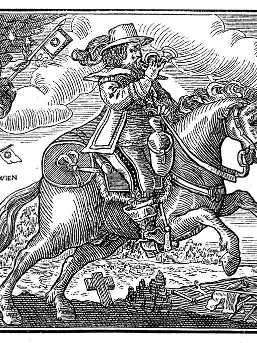 Illustration eines friedensbringenden Postreiters, Dreissigjaehriger Krieg 1618-1648, der Postreiter trompetet die Freude ueber den Westfaelischen Frieden, vom 24. Oktober 1648, in die Welt Illustration eines friedensbringenden Postreiters, Dreissigjaehriger Krieg 1618-1648, der Postreiter trompetet die Freude ueber den Westfaelischen Frieden, vom 24. Oktober 1648, in die Welt