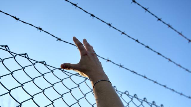 eine Hand greift an einen Stacheldrahtzaun