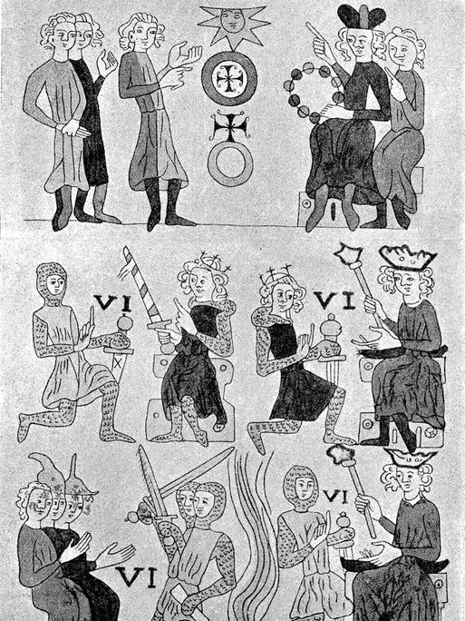 Das Lehnswesen bildete die Grundlage der hochmittelalterlichen Gesellschaftsordnung der westlichen Staaten, insbesondere des Heiligen Römischen Reiches / Darstellung aus der ältesten Handschrift des Sachsenspiegels, Heidelberg, Universitätsbibliothek,… Das Lehnswesen bildete die Grundlage der hochmittelalterlichen Gesellschaftsordnung der westlichen Staaten, insbesondere des Heiligen Römischen Reiches / Darstellung aus der ältesten Handschrift des Sachsenspiegels, Heidelberg, Universitätsbibliothek,…