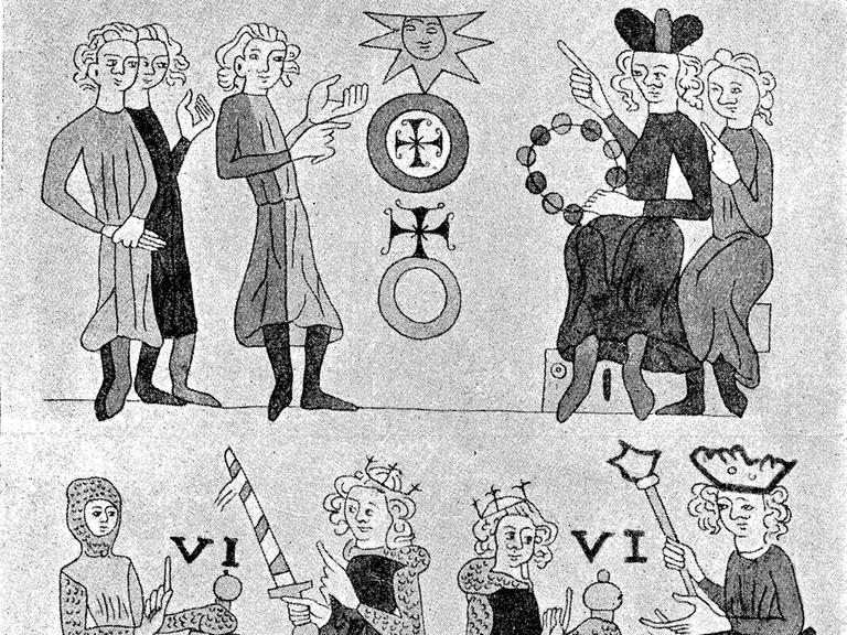 Das Lehnswesen bildete die Grundlage der hochmittelalterlichen Gesellschaftsordnung der westlichen Staaten, insbesondere des Heiligen Römischen Reiches / Darstellung aus der ältesten Handschrift des Sachsenspiegels, Heidelberg, Universitätsbibliothek,… Das Lehnswesen bildete die Grundlage der hochmittelalterlichen Gesellschaftsordnung der westlichen Staaten, insbesondere des Heiligen Römischen Reiches / Darstellung aus der ältesten Handschrift des Sachsenspiegels, Heidelberg, Universitätsbibliothek,…