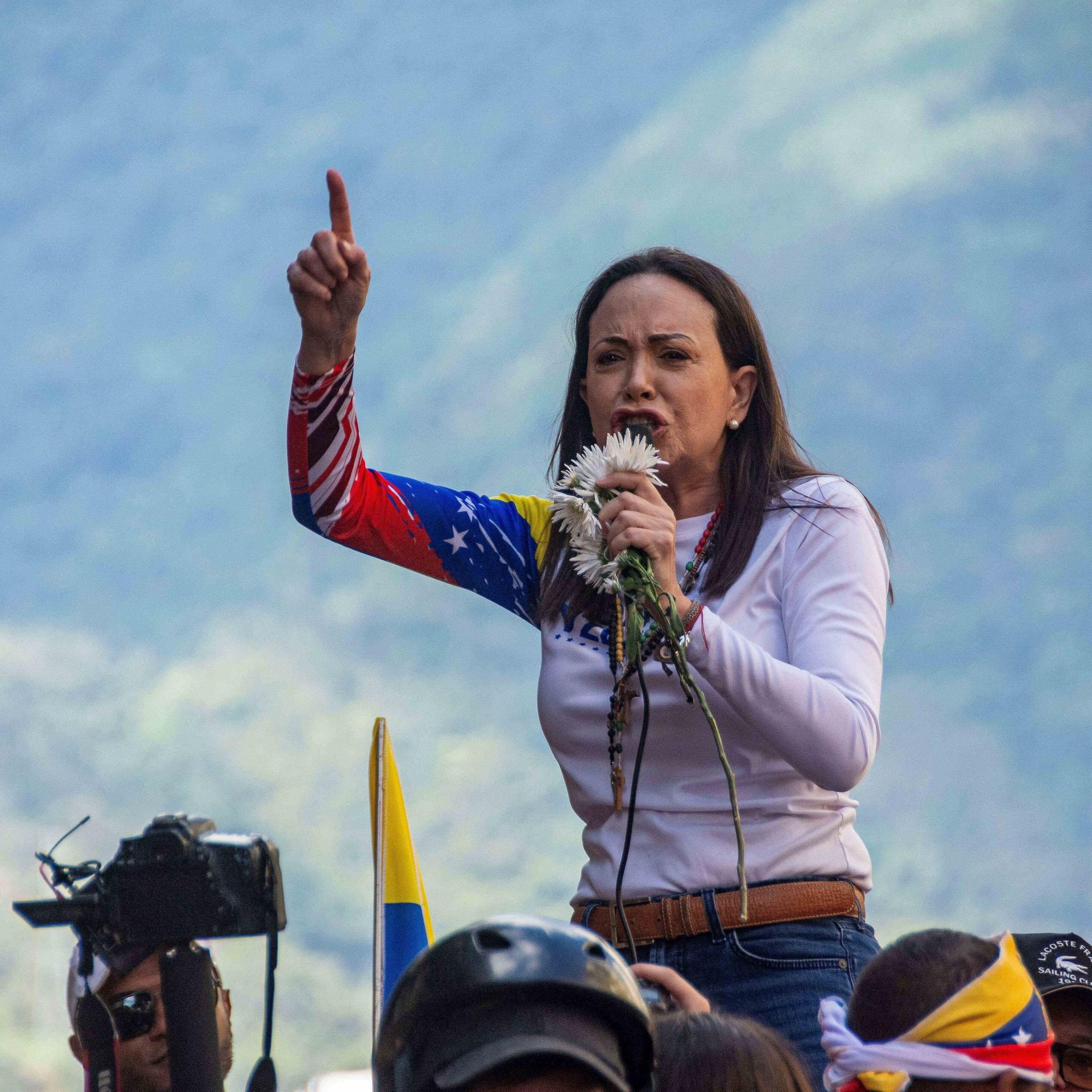 Januar 2025, Caracas, Miranda, Venezuela: Die Oppositionsführerin María Corina Machado tritt bei einer von ihr einberufenen Kundgebung der Opposition in den Straßen von Caracas auf