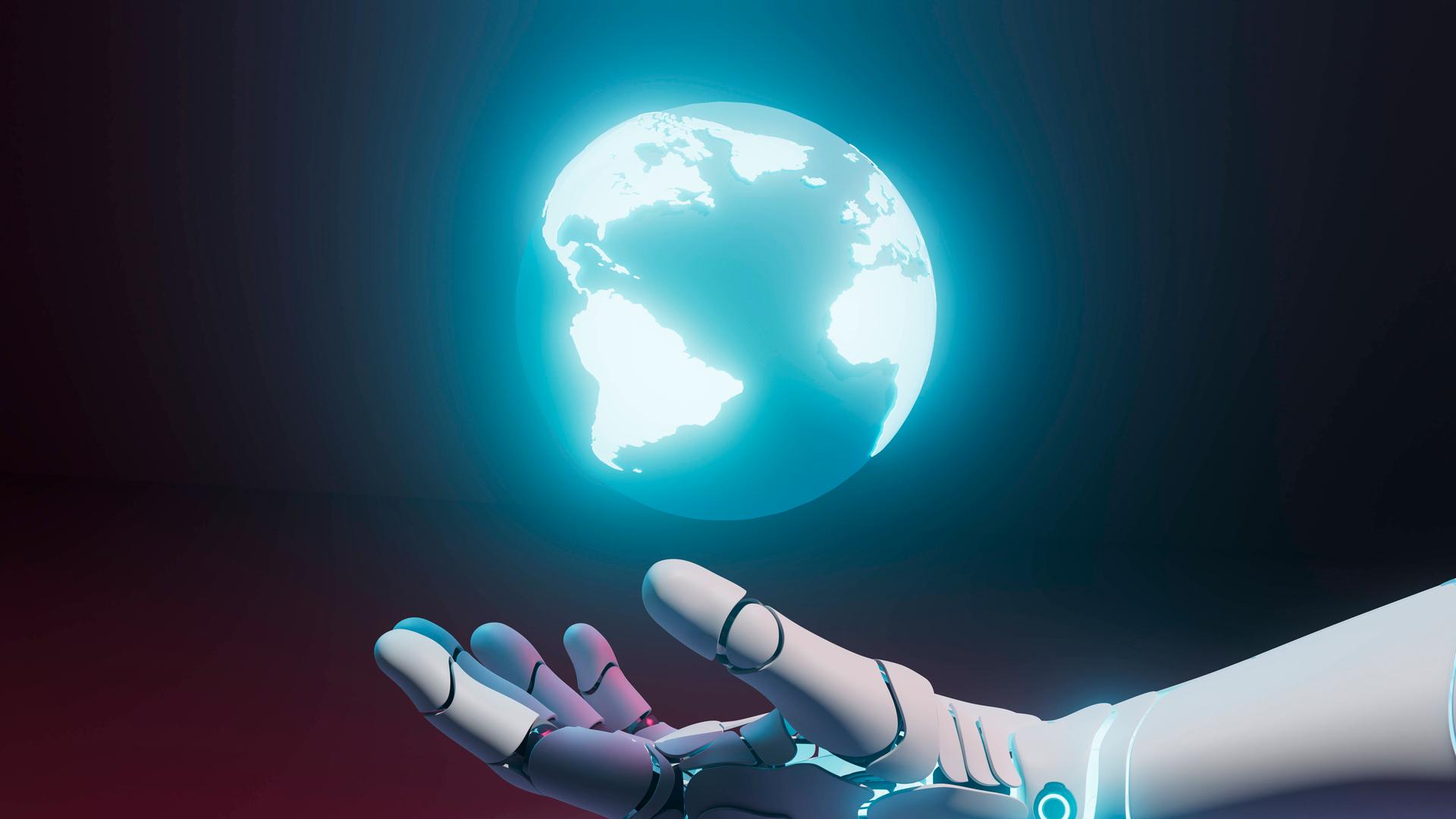 Eine 3D-Illustration zeigt eine roboterähnliche Hand, über der eine leuchtende Weltkugel schwebt. Eine 3D-Illustration zeigt eine roboterähnliche Hand, über der eine leuchtende Weltkugel schwebt.