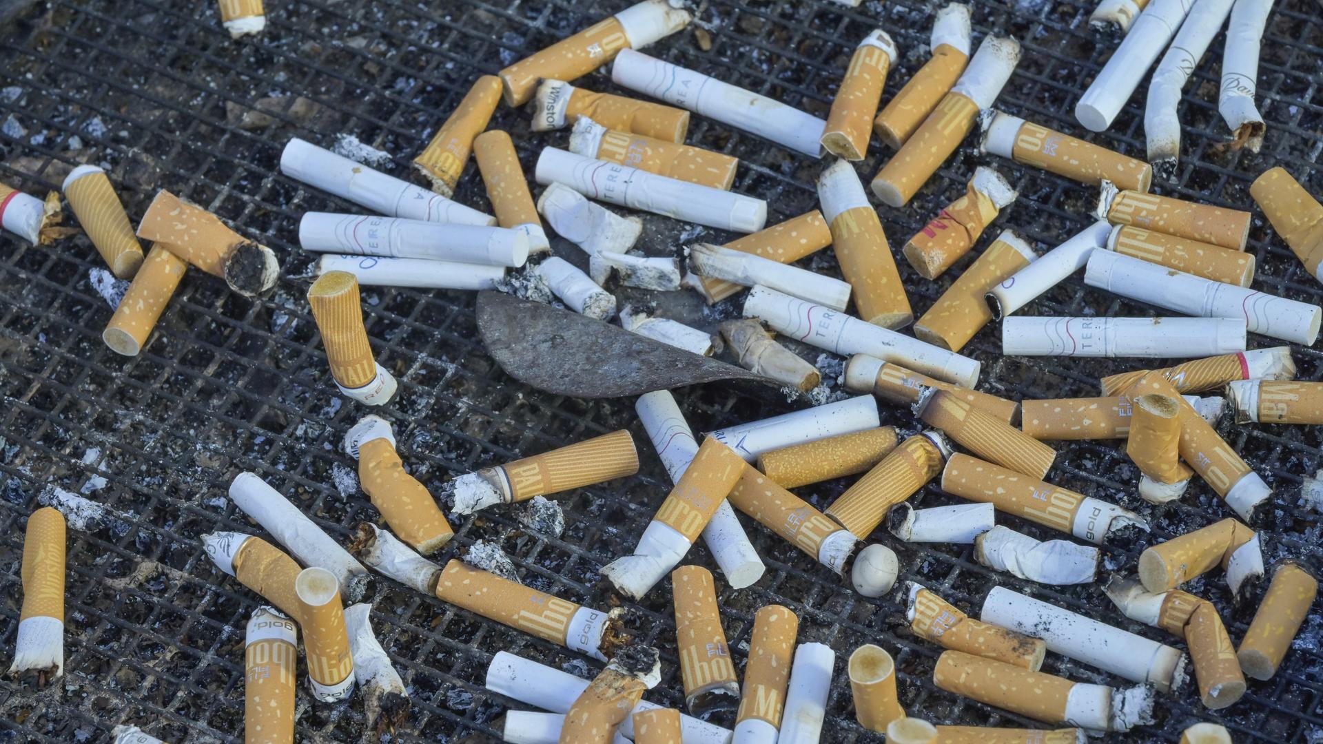 Dutzende Zigarettenkippen liegen in einem großen Aschenbecher. Dutzende Zigarettenkippen liegen in einem großen Aschenbecher.