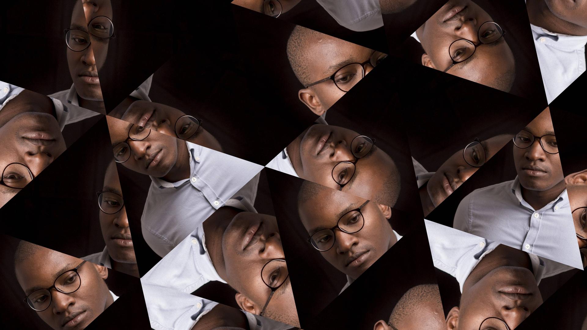 Portraits eines Mannes, mit Glatze und Brille zu einem Foto zusammengesetzt. Es wirkt wie der Blick durch ein Kaleidoskop. Der Mann wirkt nachdenklich und ruhig.