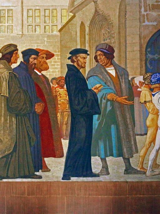 Eröffnung der "Oberen Schule" im Ägidien-Kloster in Nürnberg am 23.05.1526, jetzt Melanchthon-Gymnasium Nürnberg // Melanchthon (schwarzes Gewand) begibt sich mit dem Ratsherren Willibald Pirkheimer (türkisfarbener Mantel mit Pelzkragen) zur…