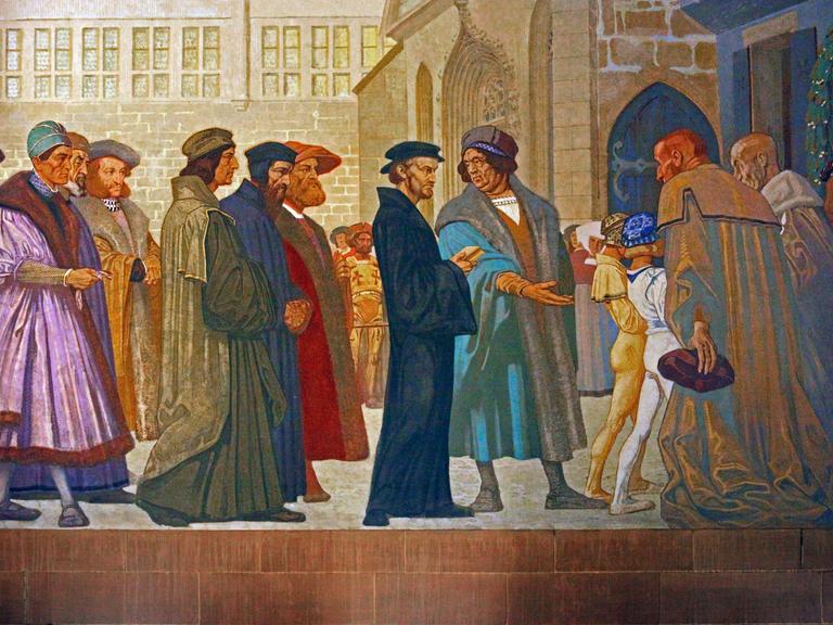 Eröffnung der "Oberen Schule" im Ägidien-Kloster in Nürnberg am 23.05.1526, jetzt Melanchthon-Gymnasium Nürnberg // Melanchthon (schwarzes Gewand) begibt sich mit dem Ratsherren Willibald Pirkheimer (türkisfarbener Mantel mit Pelzkragen) zur…