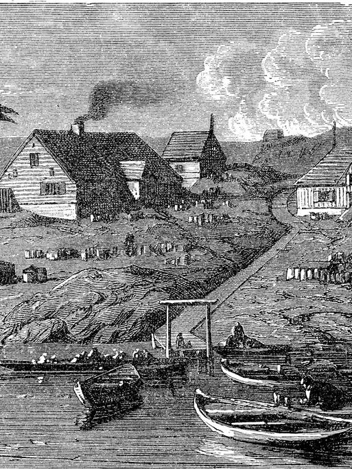 Die Siedlung Jakobshavn an der Westküste von Grönland, im Jahre 1882, digitale Reproduktion einer Originalvorlage aus dem 19. Jahrhundert